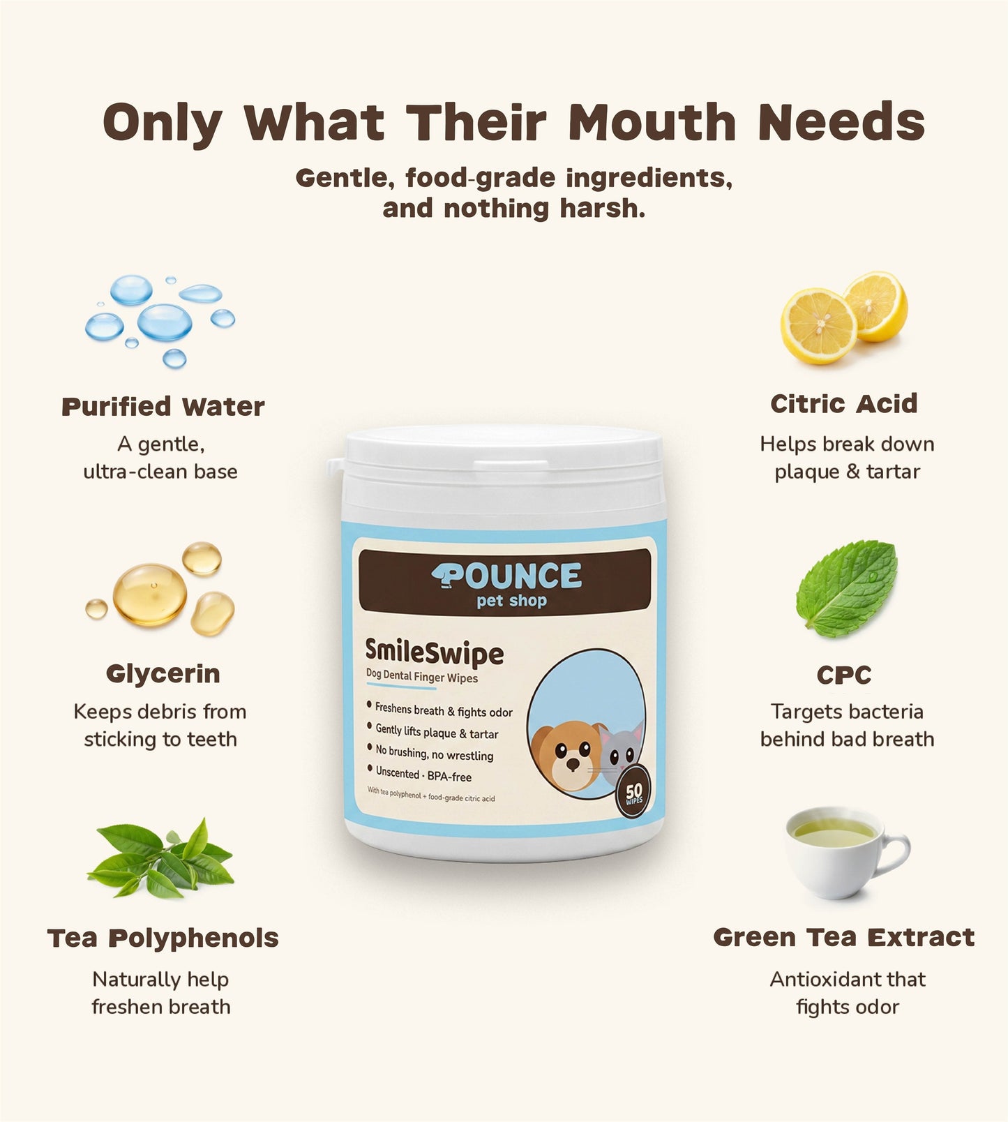 SmileSwipe ingredients: purified water, glycerin, tea polyphenols, food-grade citric acid, CPC, green tea extract - gentle, food-grade, nothing harsh